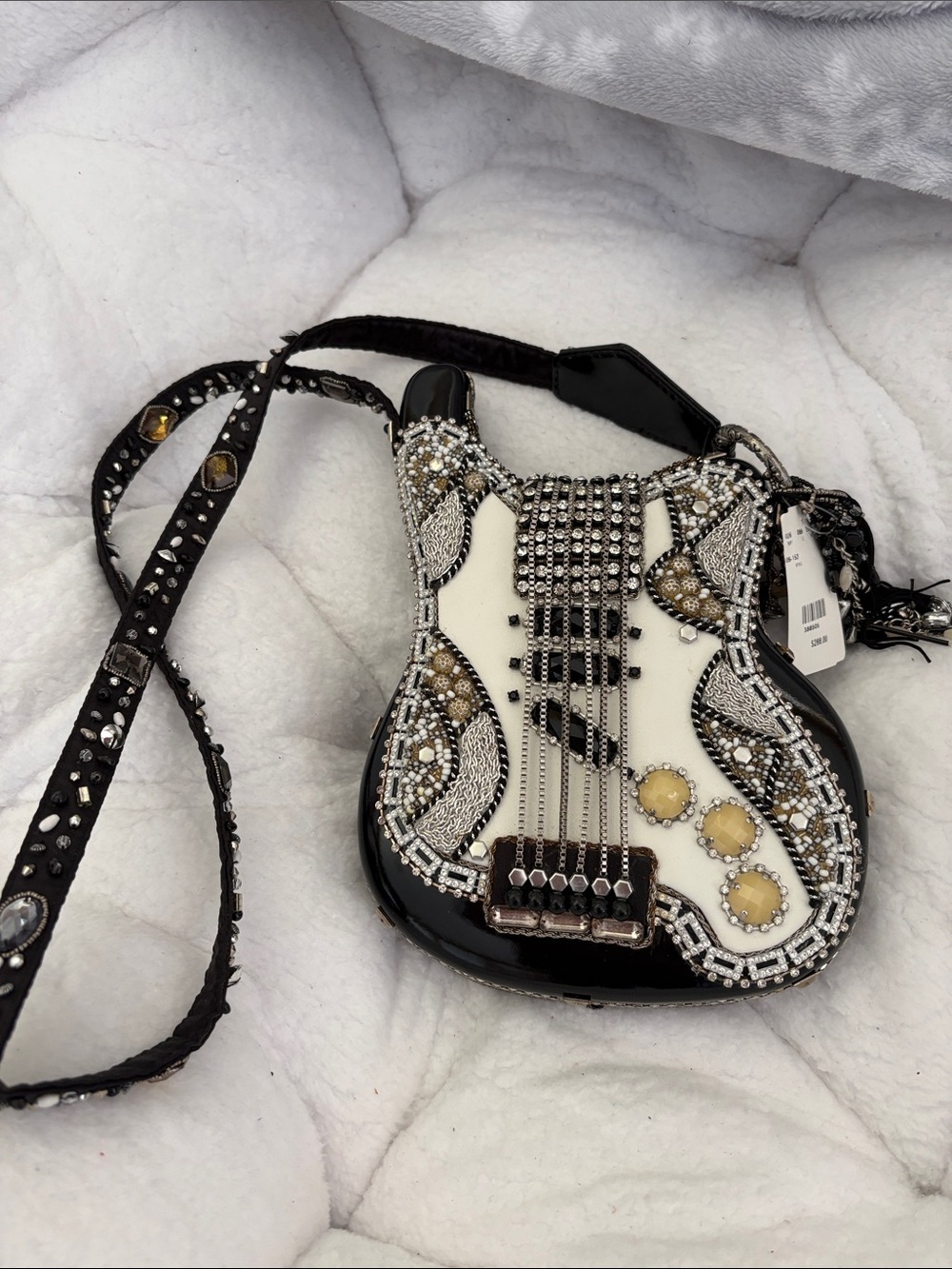 Mary Frances Black and Cream Beaded Guitar Crossbody Bag